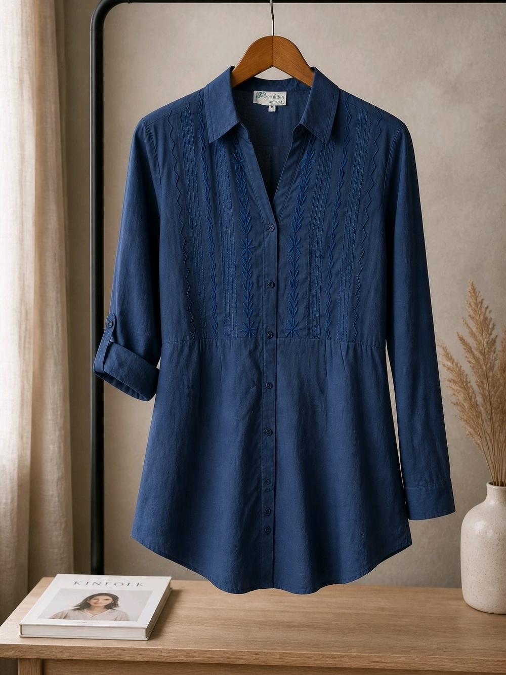 Fashion Magazine Navy Embroidered Button-Down Tunic